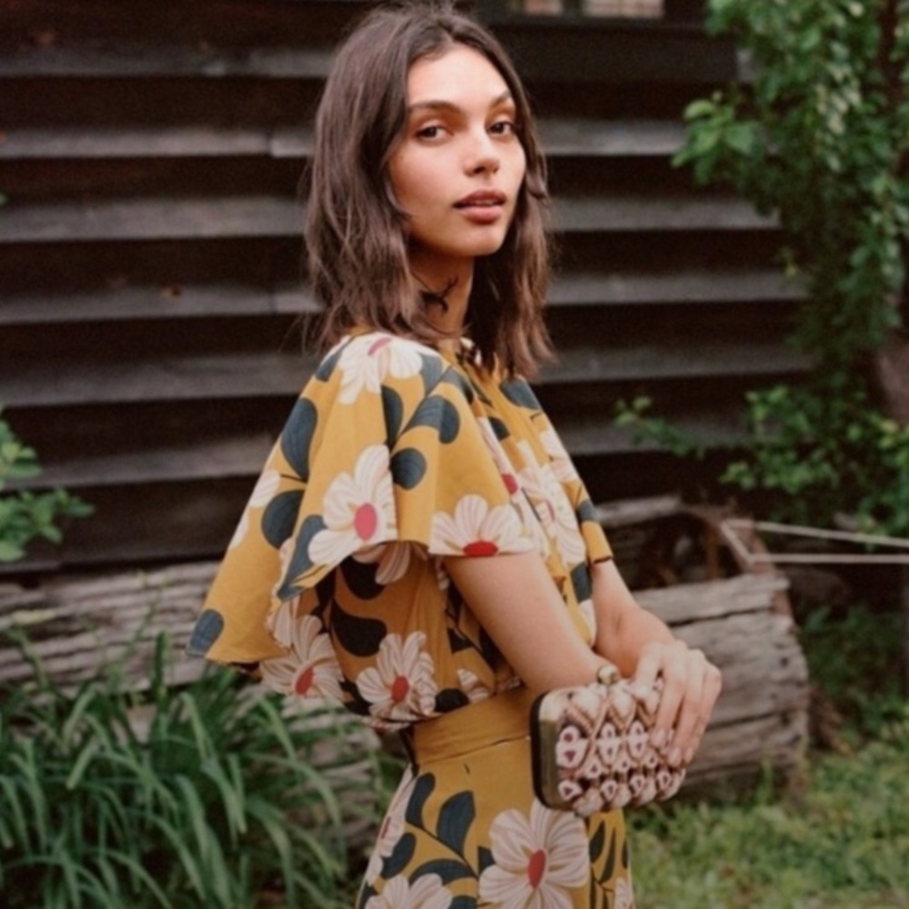 Eva Franco for Anthropologie blouse mustard yellow with big flowers size o